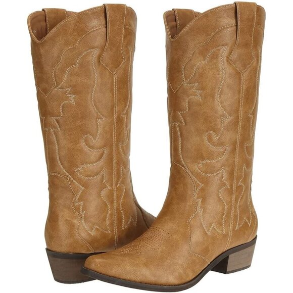 🆕Tan Faux Leather Wide Calf Cowgirl Cowboy Boots for Women Western Fashion Shoe - Picture 7 of 8